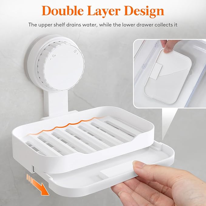 Lifewit Suction Cup Soap Dish for Shower, 1 Pack Drainable Soap Holder for Bathroom Kitchen Wall, NO-Drilling Removable Bar Soap Sponge Rack for Glass Window Strong Vacuum Suction Anti-Drop, White