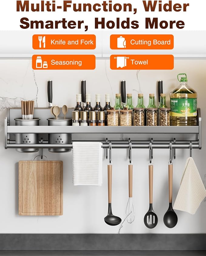 kitchen utensil hanger, wall mounted rail with hooks, waterproof hooks for utensils, easy installation without drilling (31.5 inches, Count, 2)
