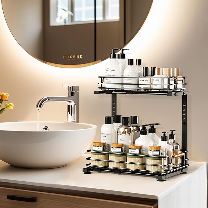 JYPS 2 Pack Under Sink Organizer, 2 Tier Pull out Under Kitchen Bathroom Sink Organizer and Storage, Metal Sliding Drawer for Cabinet Pantry Undersink Organizers Shelf