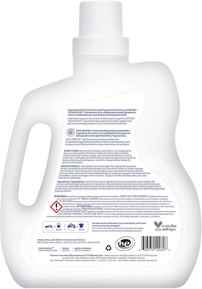 ATTITUDE Liquid Laundry Detergent, EWG Verified, HE Compatible, Plant-Based & Vegan, Natural Laundry Soap, Wildflowers, 80 Loads, 67.6 Fl Oz