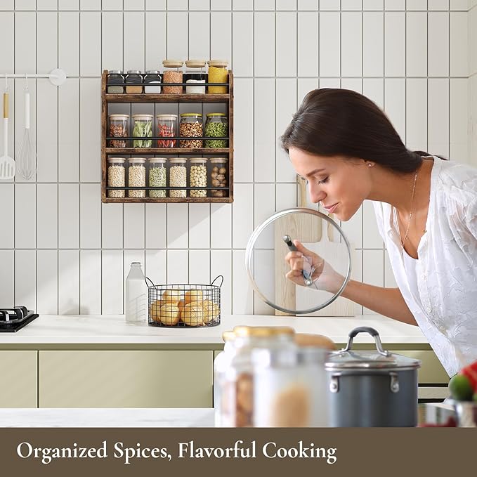 Spice Rack Wall Mounted, Wood 3 Tier Spice Rack for Countertop, Vertical Spice Organizer for Spice Jars and Seasonings, Hanging Spice Shelf for Kitchen Cabinet, or Pantry, Rustic Brown