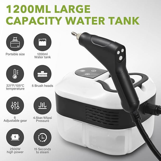 Steam Cleaner for Home & Car Detailing, 2500W Pressurized Handheld Steam Cleaner, 15s Fast Heating, 6 Levels Steam Output, 1.2L Water Tank