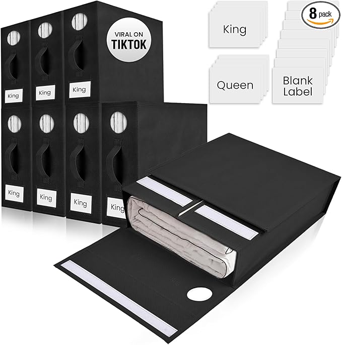 8 Pack Bed Sheet Organizer and Storage, Foldable Storage Organizer for Linen Closet with Viewing Window & Label for Bedding Sheets & Blankets (Queen & King Size) Black