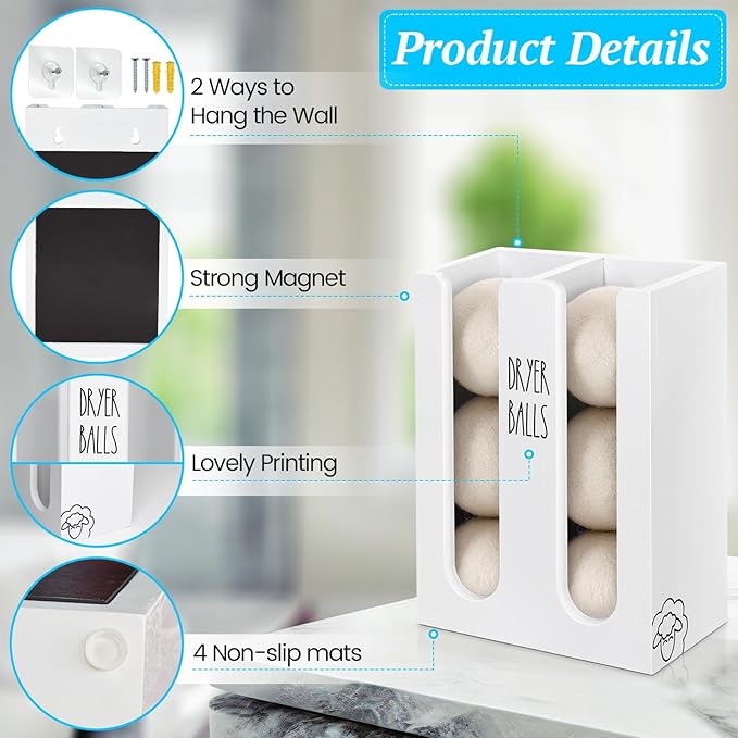 Magnetic Dryer Ball Holder for Laundry Room, Wood Dryer Ball Container Wall Mount, Laundry Dispenser Basket (White)