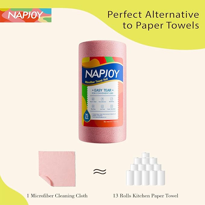 Napjoy Microfiber Cleaning Cloth Roll, 75PK Easy Tear Away Reusable Paper Towels, 12" x 12", Ultra Soft Micro Fiber Dish Cloths for Kitchen, Housekeeping, Window, Car, Garden, Bathroom, Pink