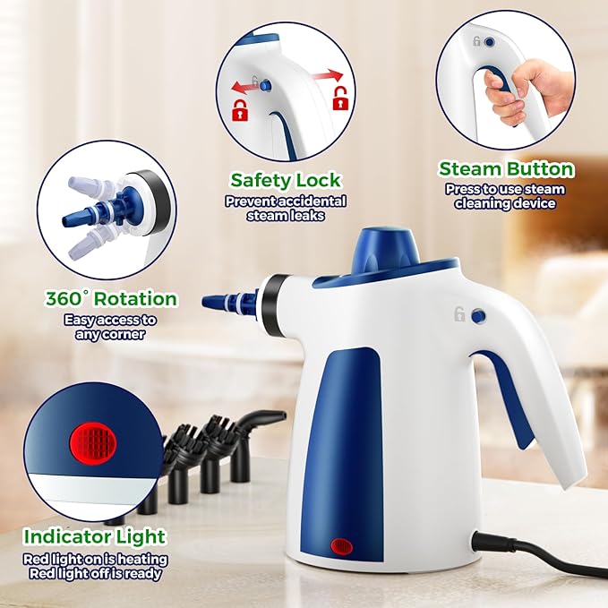 Steam Cleaner, Pressurized Handheld Multi-Surface Natural Steam Cleaner with 12 PCS Accessories & Safety Lock, 350ML Large Capacity, Steamer for Car, Home, Upholstery, Kitchen, Window, Grime, Grease