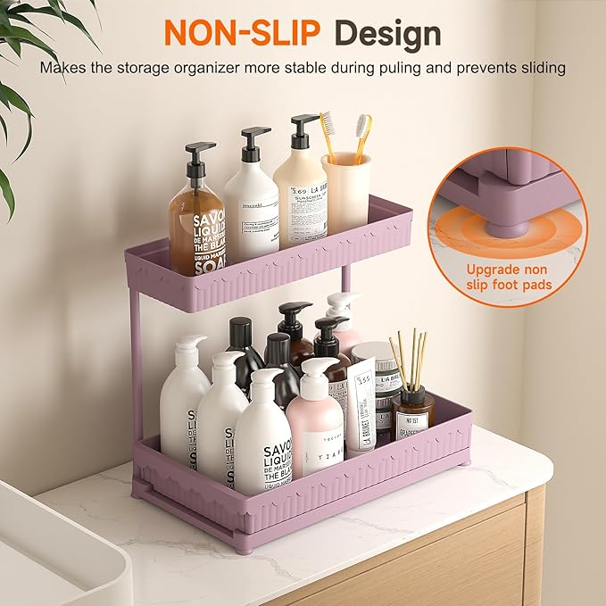 3 Pack Multi-Purpose Under Sink Organizers and Storage, 2025 L-Shaped Pull Out Cabinet Organizer for Bathroom & Kitchen, Under Cabinet Organizer with Hooks Hanging Cup, Pink