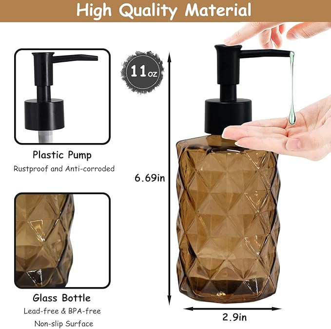Brown Glass Soap Dispenser with Black Plastic Pump, 12oz Refillable Liquid Hand Soap Dispenser, 2 Pack Crystal Lotion Bottle for Modern Home Decor, Bathroom, Kitchen Countertop, Hotel
