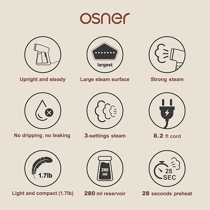 Osner Handheld Garment Steamer for clothes, 1450W Quick Heat Auto-trigger, Compact Travel Steamer, Clothes Steamer, Fabric Wrinkle Remover with Lint Brush Steam Nozzle (Black)