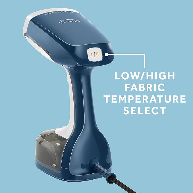 Sunbeam 1200W Steam Burst Handheld Steamer for Clothes, Dual Steam Settings, 30-Second Fast Head-Up, Bristle Brush Attachment, White and Blue Finish