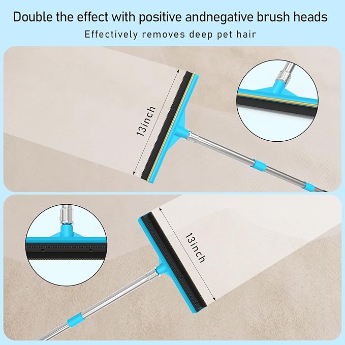 Carpet Rake for Pet Hair Removal Tool, Updated Reusable Pet Hair Remover with 56” Adjustable Long Handle, 2 in 1 Rubber Broom and Carpet Brush Scraper for Rugs, Mats, Couch, Furniture (2pcs)