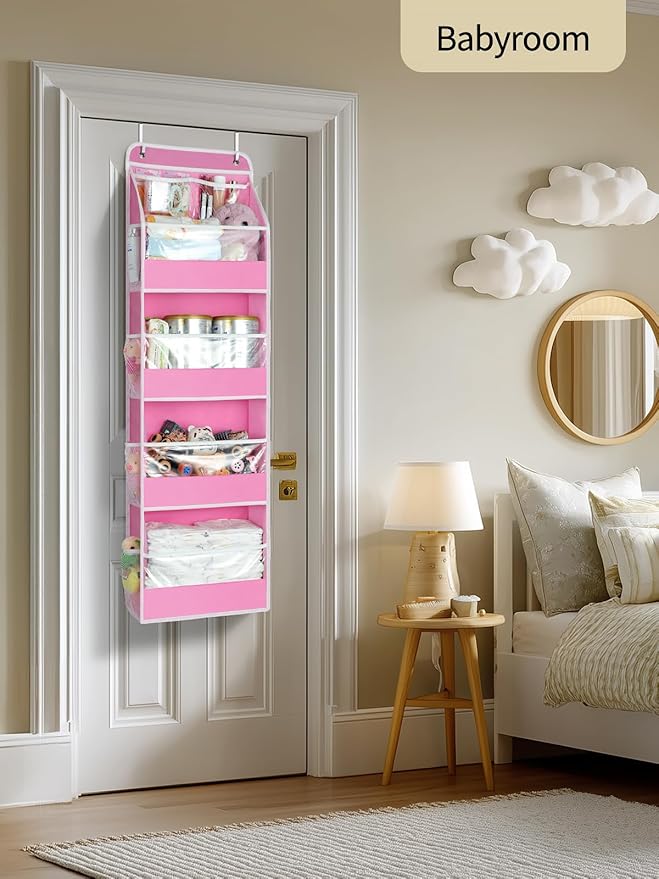 Yecaye 5 Tier 2Pc Over the Door Organizer, Swing-proof Door Organizer Hanging with Clear PVC Windows, Behind the Door Storage for Bedroom Nursery Closet Laundry Pantry Bathroom, Bubblegum Pink
