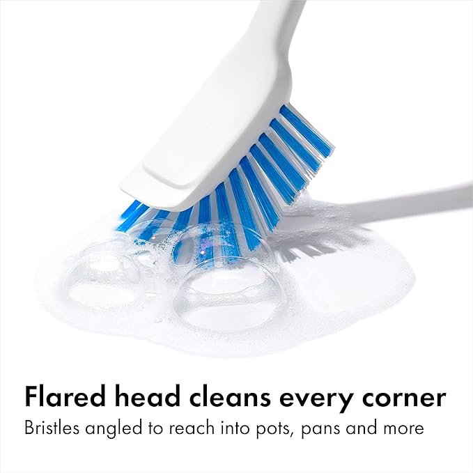 OXO Good Grips Dish Brush, Nylon Bristles with Built-in Scraper, Safe for Non-Stick Cookware, Non-Slip Handle, Dishwasher Safe