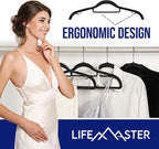 LifeMaster 30 Pcs. Dry Wet Clothes Hangers - Heavy Duty Coat Hanger Set with 360° Swivel Hook (Black) Non-Slip Rubber, Space-Saving, Frustration-Free Hanging, Accessory Tie Bar, Smart Strap Hooks