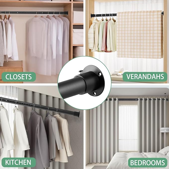 Closet Rods for Hanging Clothes, 1.3 Inch Diameter Heavy Duty Closet Rod 17-75 Inch Adjustable Clothes Hanging Bar Metal Black Shower Curtain Rods for Closet, Wardrobes, Bathroom, Windows