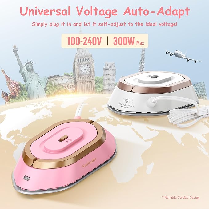 Newbealer Travel Iron with Global Voltage, 100-240V Mini Dry Iron for Clothes (No Steam), Max 300W, 60s Heat Up, 302℉ Non-Stick Ceramic Soleplate, 0.8lbs Ultra-Lightweight (Pink)