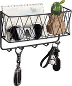 OROPY Mail Holder with Key Hooks, 11in L×3.1in W×6.1in H, Wall Mounted Matte Black Metal Wire Mesh Storage Basket with 5 Hooks, Easy to Organize Letters, Magazines, Keys, Leashes for Entryway