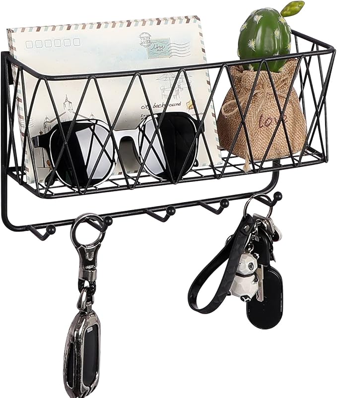 OROPY Mail Holder with Key Hooks, 11in L×3.1in W×6.1in H, Wall Mounted Matte Black Metal Wire Mesh Storage Basket with 5 Hooks, Easy to Organize Letters, Magazines, Keys, Leashes for Entryway