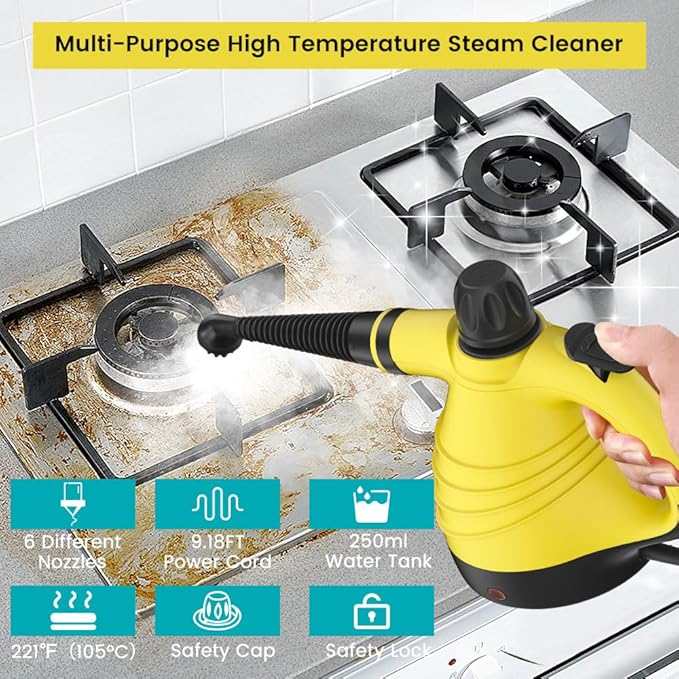 Handheld Steam Cleaner, Pressurized Steam Cleaner with 9pcs Accessories & Safety Lock, Natural Multi-Purpose Powerful Home Use Steamer for Cleaning, Car, Bathroom, Shower, Upholstery, Grout, Window