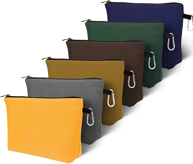 6 Pack Canvas Zipper Tool Bag, Premium Tool Pouches, Multi-Purpose Storage Organizer with Carabiner.