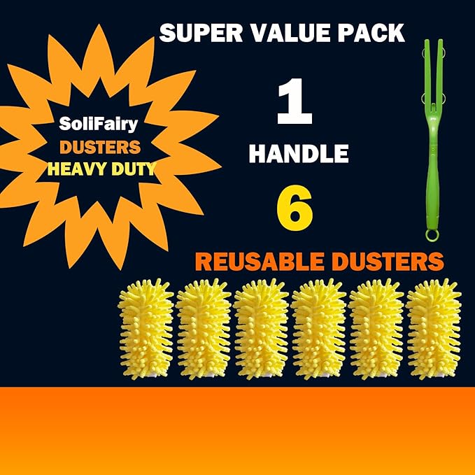 Duster Refill for Swiffer Duster, Reusable Duster Refill Compatible with Swiffer Hand Duster, 360° Heavy Duty Washable Microfiber Dusters for Cleaning, 6 Pack & 1 Handle, Yellow