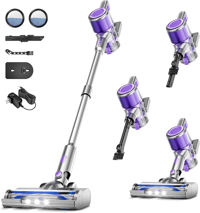 Cordless Vacuum Cleaner,55Mins/Powerful Vacuum Cleaners for Home,Stick Vacuums with 8 in 1,Touch Screen,LED Headlights, Anti-Tangle,Rechargeable,Lightweight for Carpet,Hard Floor, Pet Hair,Purple
