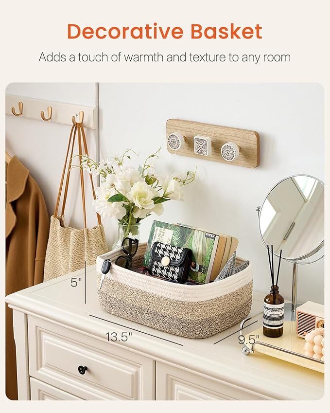 Small Woven Basket, 13.5 x 9.5 x 5 Inches, Storage Basket for Organizing, Cute Small Rope Shelf Closet Cube Storage Bins Baskets for Shelves, Dog Toy Gift Baskets Empty, 3 Pack Gradient Brown