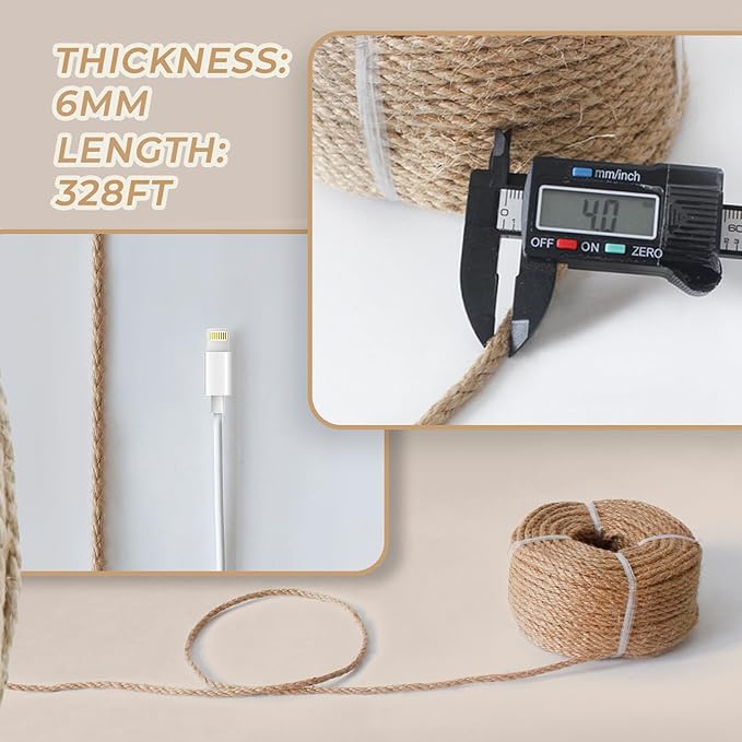 RIOOP Natural Jute Twine Rope 328 Feet 6mm, Heavy Duty Premium Garden Twine String for Crafts, Gardening Deals, Cat Scratching & Macrame Cord, for Climbing Plants, Halloween Decor