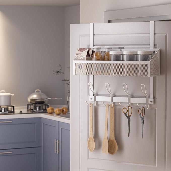 Over Door Hook Organizer, 12 Hook Over The Door Organizer with Mesh Basket - Back of Door Storage Towel Rack Space Saving Storage Organizer for Bedroom, Bathroom, Kitchen, Pantry, White