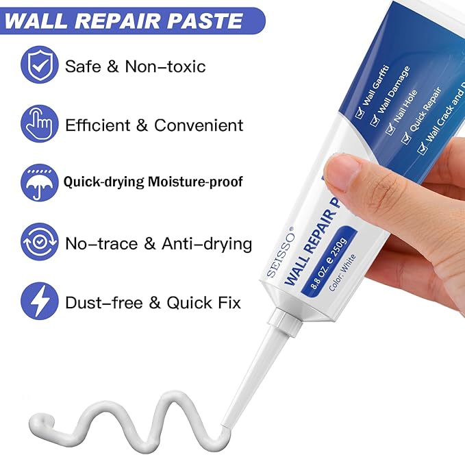 Wall Repair Paste kit, Spackle Drywall Repair kit, Wall Mending Agent 250 g*2, Wall Repair Patch-4Pcs and Scraper/Sandpaper, Effective Repair of Scratches, Nail Holes, Cracks and Wall Graffiti
