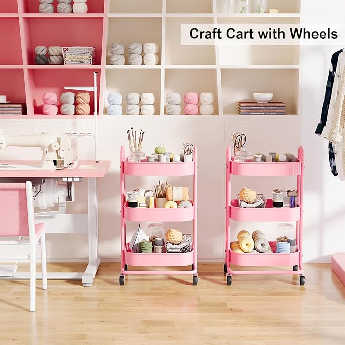 3 Tier Rolling Storage Cart Metal with Lockable Wheels & Reinforced Handle, Three Tiered Art Cart Organizer on Wheels, Pink Utility Carts for Kitchen, Bathroom, Garage, Baby Diaper, Craft, Teacher