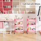 3 Tier Rolling Storage Cart Metal with Lockable Wheels & Reinforced Handle, Three Tiered Art Cart Organizer on Wheels, Pink Utility Carts for Kitchen, Bathroom, Garage, Baby Diaper, Craft, Teacher