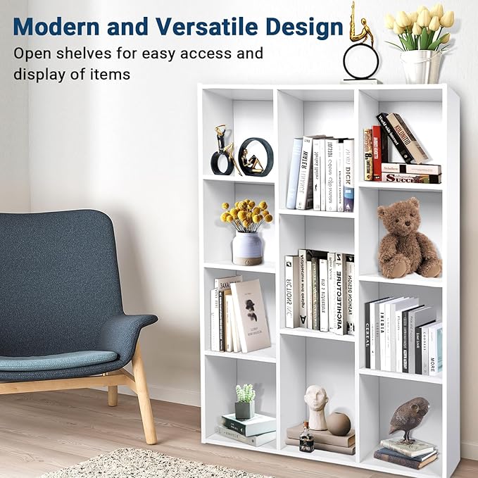 Whitmor 11 Cube Storage Organizer, 4 Tier Stackable Bookcase, Open Storage Display Bookshelf, Storage Cabinet for Living Room, Bedroom, Home, Office, 29.1" L x 9.4" W x 41.7" H, White