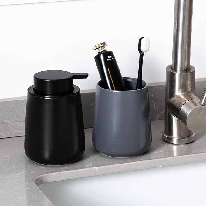 Enra Black Soap Dispenser,12 oz Ceramic Hand Lotion Dispenser, Refillable Dish Soap Dispenser,Modern Liquid Soap Dispenser for Bathroom,Kitchen with Easy-to-Press Pump(Black Liquid Type)