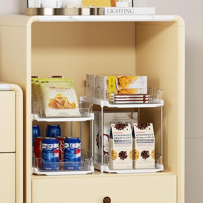 Delamu 4 Pack 2-Tier Bathroom Under Sink Organizers and Storage, Multi-Purpose Stackable Pantry Organization and Storage, Pull Out Clear Kitchen Bathroom Cabinet Organizer with Movable Dividers, White