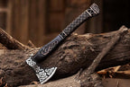 19" Viking Axe with Leather Sheath | Hand-Forged Carbon Steel Engraved Bearded Axe for Camping, Bushcraft, Gifts for Men (Black)