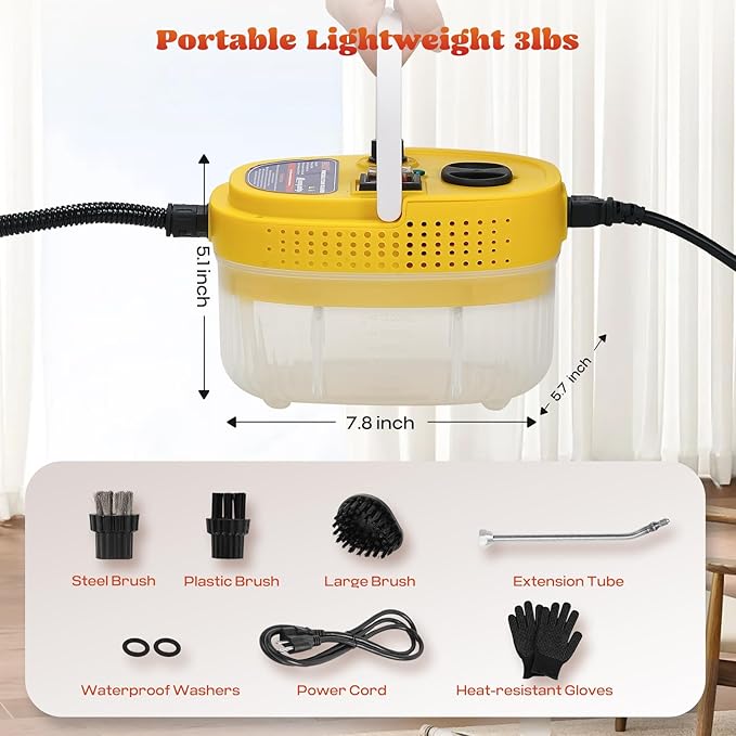 Moongiantgo Handheld Steam Cleaner, 2500W High Pressure Steamer for Cleaning, Portable Pressurized Cleaning Machine for Home Kitchen Car Detailing Grout Tile Bathroom with 1200ml Water Tank (Yellow)