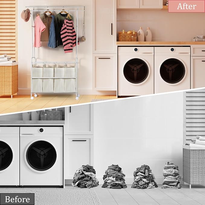 Laundry Sorter 4 Sections,Laundry Basket Organizer with Double Hanging Bars,Laundry Sorter Cart with Hanging Clothes Rack for Laundry Room for Bedroom Laundry Room Clothing Storage, White