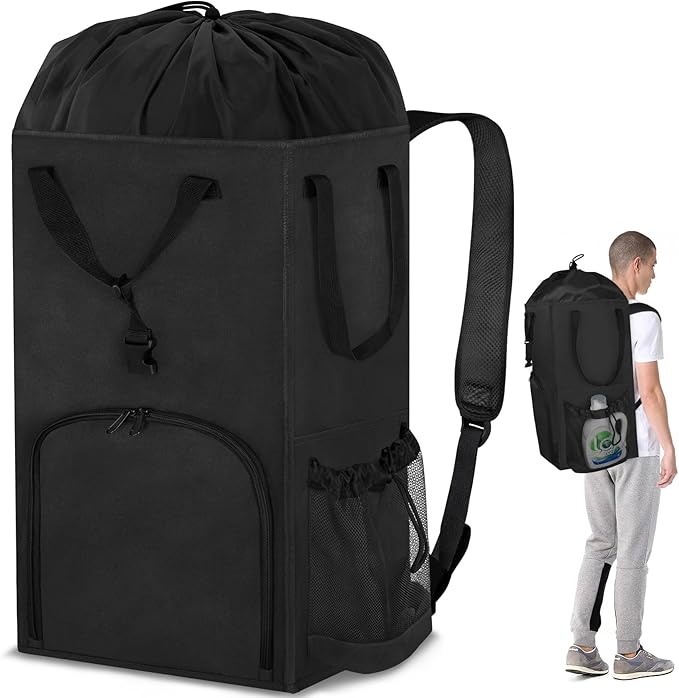 110L Backpack Laundry Bag, Laundry Backpack Heavy Duty with Shoulder Straps, Collapsible and Mesh Pocket Back to School Supplies Hamper Bag for College, Travel, Laundromat, Apartment Black