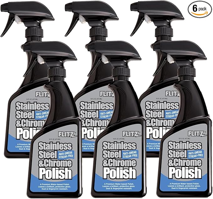 Flitz Stainless Steel Polish Protectant - 16oz Bottle, USA-Made Ceramic Coating for Stainless Steel Appliances, Repels Fingerprints & Water Spots - Aluminum & Chrome Polish & Protectant (6 Pack)