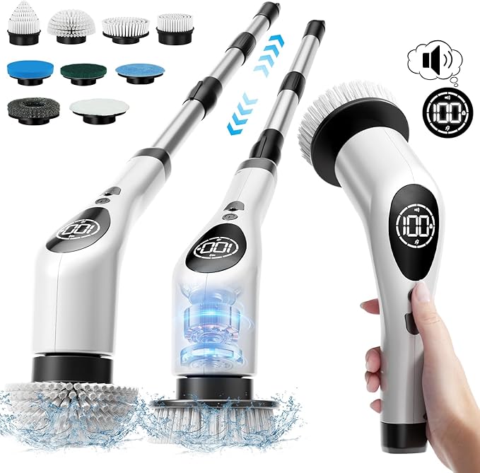 Electric Spin Scrubber,Cordless Cleaning Brush,Shower Scrubber with 9 Scrub Brush,3 Speed,Adjustable Extension Handle,Power LED Display, Voice Broadcast,Power Scrubber for Bathroom Kitchen Cleaning