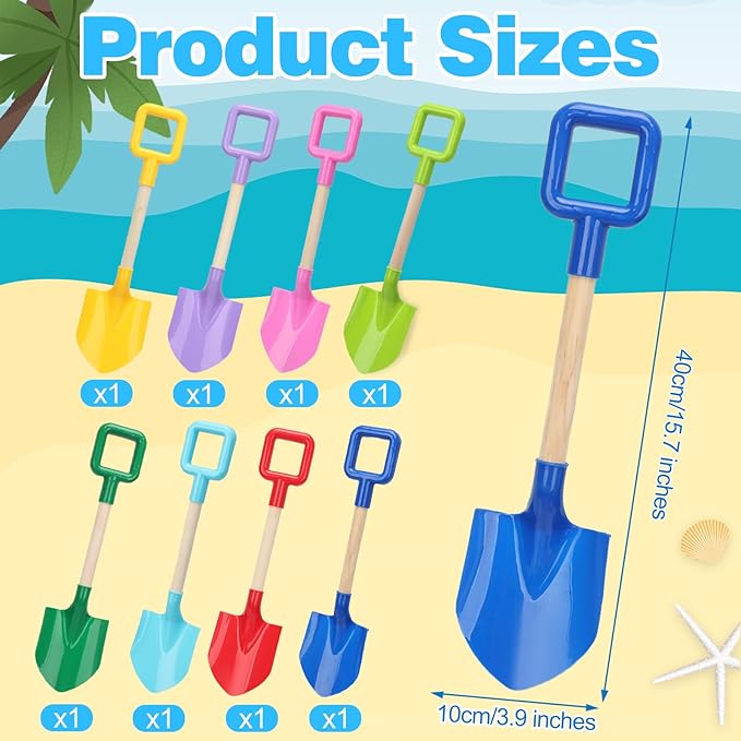 Mototo 8 Pack Beach Shovels, 16'' Plastic Beach Sand Toys Spade Scoop Gardening Tools Kit Sandbox Wooden Handle Spades for Kids Adults Garden Outdoor Snow Backyard Sand Summer