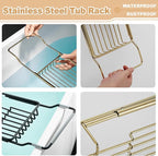 Stainless Steel Bathtub Caddy Tray, Expandable Bathtub Holder Table, Adjustable Bathroom Tray, Bath Organizer Tub Shelf,Gold,26.8~35.4in