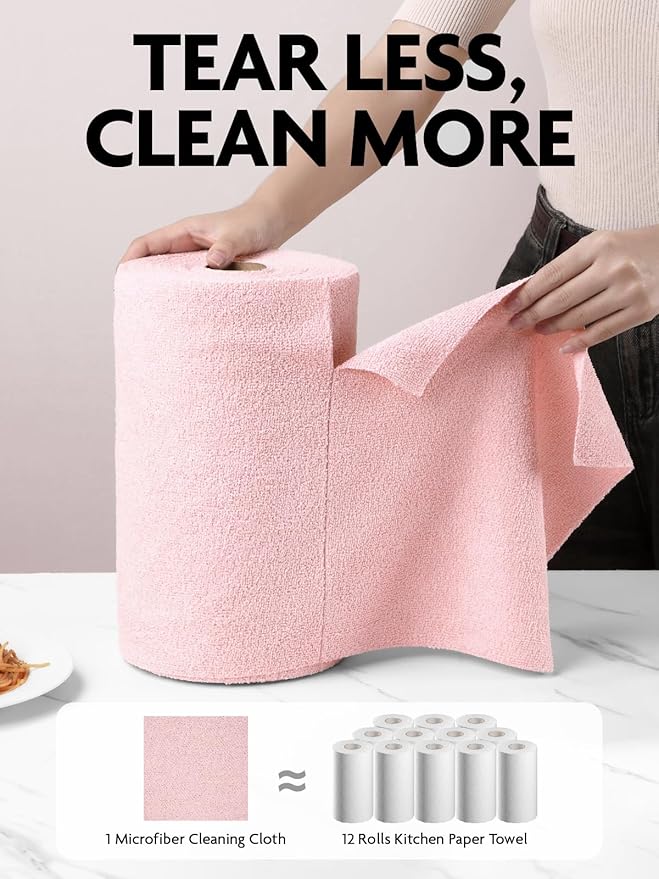 Fantasticlean Microfiber Cleaning Cloth Roll -675 Pack, Tear Away Microfiber Towels, 12" x 12", Reusable, Washable, Ultra Absorbent Dishcloth for Home Supplies, Car, Shop (9 Rolls of Pink)
