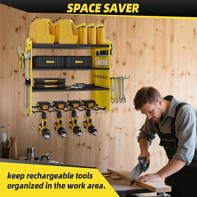Power Tool Organizer Wall Mount with 4-Drill Holders-400Lbs Load Heavy Duty Metal 4-Layers Garage Storage and Organization Adjustable Battery Tools Rack Utility Racks Gifts for Men