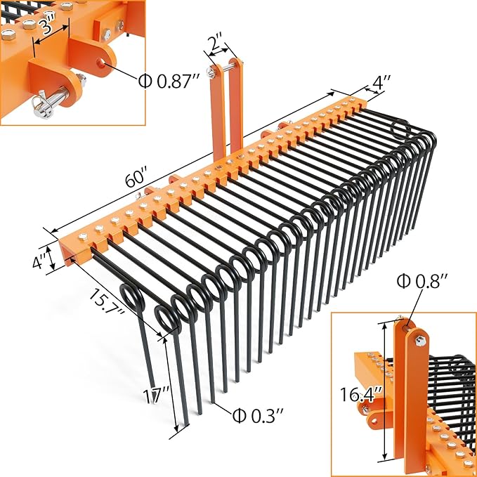 60" 3-Point Tractor Landscape Rake, Pine Straw & Yard Waste Cleaner, Cat 0/1 Hitch Compatible, Powder Coated Steel Blades, Orange