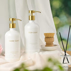 Glass Soap Dispenser Set with Ceramic Tray, 16.9 floz Hand and Dish Soap Dispenser for Bathroom Decor, White and Gold Kitchen Accessories (White Bottles + Gold Pumps)