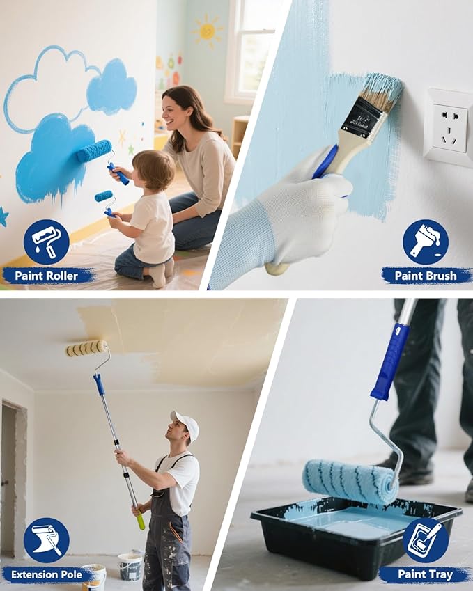 32PCS Paint Roller Kit with Extension Pole - 2 to 4 FT Pole, 4 inch 9 inch Paint Rollers, Paint Brushes for Walls, Painters Tape & Drop Cloth, Microfiber Roller Covers for Professional Painting