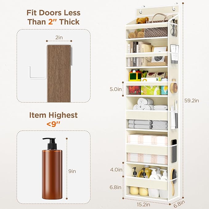 Over The Door Organizer, 6 Shelf Door Hanging Organizers with 6 Large Capacity Pockets, Behind Door Storage Hanging Shelves for Closet Wall Bathroom Bedroom Nursery