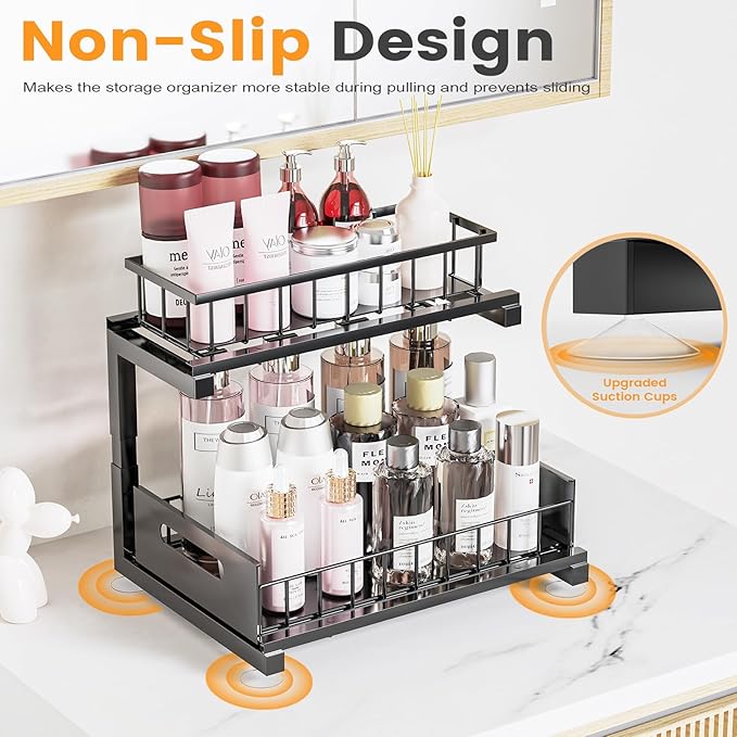 Under Sink Organizer Storage 2-Tier Heavy Duty Metal Pull Out Cabinet Organizer Slide Out Sink Shelf Organizer Height Adjustable, Multi-Purpose Storage Shelf for Kitchen Bathroom (Black, 1 Pack)